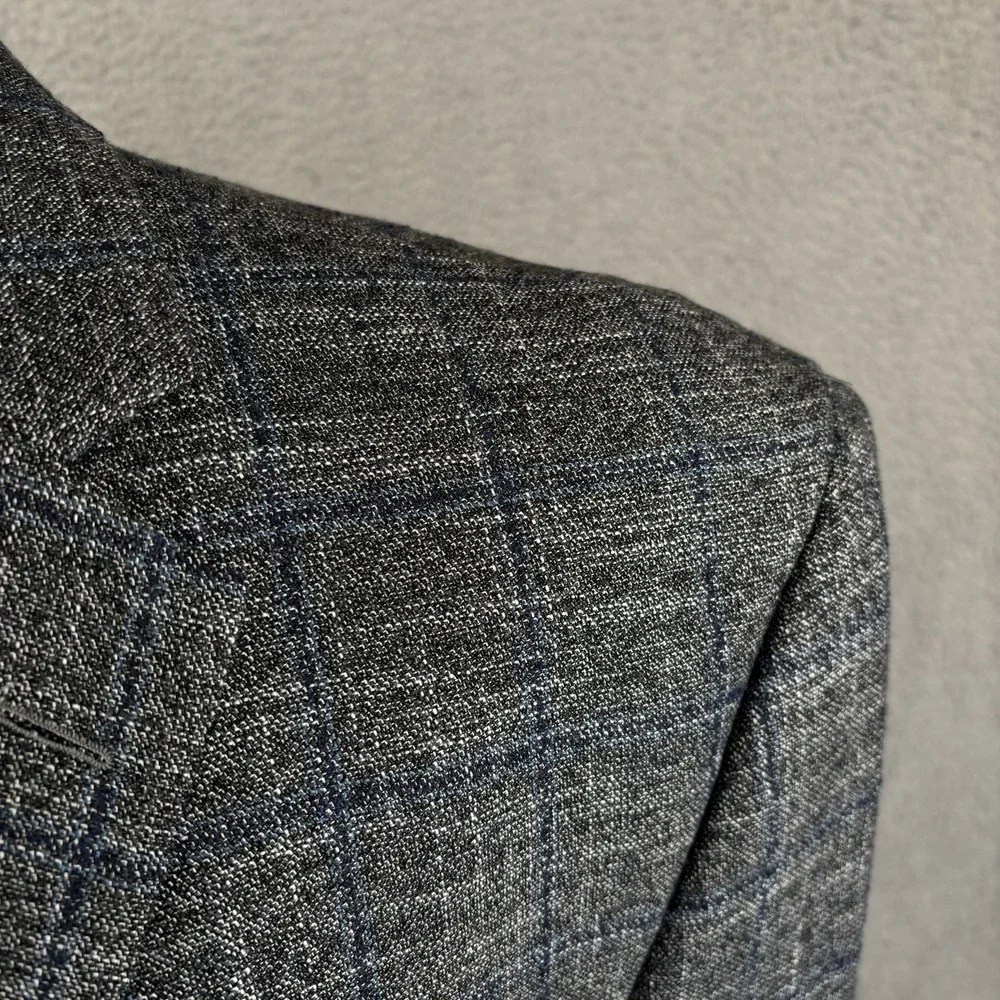 Jack Victor Blazer Mens 44L Gray Blue‎ Windowpane Wool Sport Coat Jacket